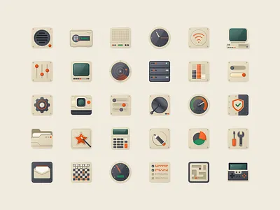 Cassettte futurism - full set computers devices futurism iconography icons it retro system technology