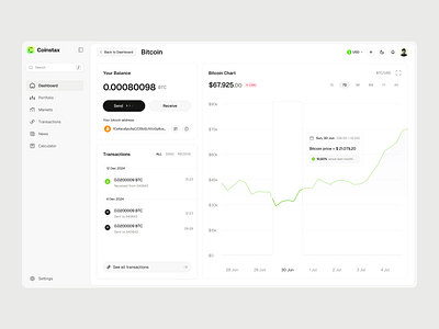 Coinstax: Bitcoin Dashboard bitcoin dashboard bitcoin portfolio bitcoinwallet clean dashboard cleanui coinstax crypto web app cryptocurrencywallet cryptodashboard dashboarddesign minimal popular send bitcoin ui uidesign user interface web app web3dashboard webappdesign