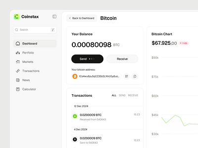 Coinstax: Bitcoin Dashboard bitcoin dashboard bitcoin portfolio bitcoinwallet clean dashboard cleanui coinstax crypto web app cryptocurrencywallet cryptodashboard dashboarddesign minimal popular send bitcoin ui uidesign user interface web app web3dashboard webappdesign