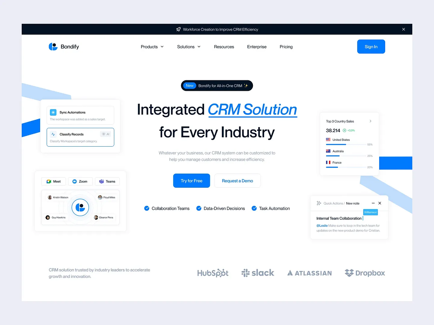 Tagline Section for Bondify's Integrated CRM Solution