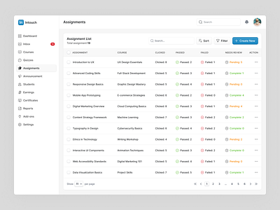 LMS Assignments List View b2b complex saas web app courses dashboard education learning management list view lms minimal saas ui ux