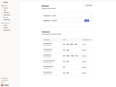 Settings Page - Manage Domains View dev tooling dev tools domain domains form light mode list minimal preferences product design saas security settings settings ui setup table ui web