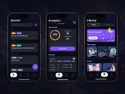 Somnio🌙 - Mobile App appdesign calmingdesign digitalwellness dreamapp dreams health luciddreaming mobile relaxationapp sleeptech ui uxui