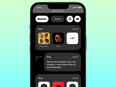 Dialeto Mobile Portfolio and Blog Interface artistic content blog interface content layout creative storytelling creative studio dark theme design centric interface dynamic app design interactive mobile design intuitive ux mobile creativity mobile navigation mobile portfolio modern user experience portfolio showcase product catalog product display responsive app ui sleek design user friendly design