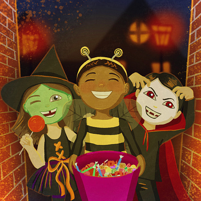 Des bonbons ou un sort ? abeille bonbons children children book design dessin enfance graphic design halloween illustration jeunesse livre jeunesse nuit peur portfolio rue sorcière vampire