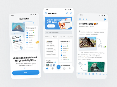 Kiwi Notes App app design diary diary app journals app mobile design notebook app notes notes app notes app design onboarding screen onboarding screen design todo list todo list app ui design