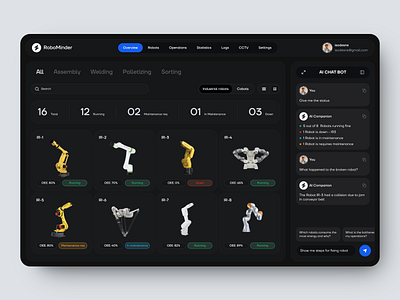 Dashboard for monitoring industrial robots ai darkmode dashboard design product desgin robot saas