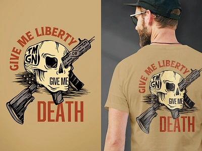 Give Me Liberty Or Give Me Death american apparel branding custom death freedom gun illustration liberty machine masculine men mockup nest patriotic procreate shirt skull tan tshirt