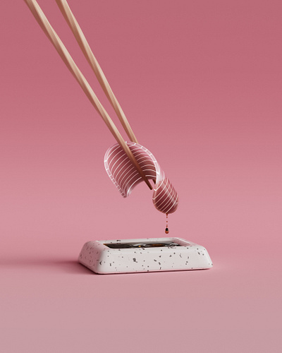 A small piece of sashimi 3d 3d product rendering 3dmodeling a small piece of sashimi aesthetic branding chopsticks food pink redshift soy sauce sushi terrazzo plate tuna yummy