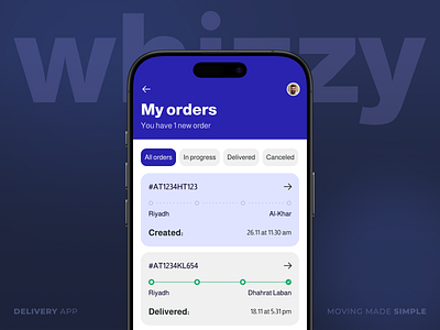 Orders Tracking Page in Delivery App | Whizzy cargo courier delivery delivery app freight logistic logistics logo mobile app my orders order history shipment shipping status track tracking transport transportation trucking ux ui