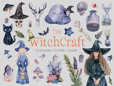 Witchcraft: Watercolor Graphics Collection aquarelle clip art crystals design download graphics illustration mushrooms pixelbuddha plants png potions textures transparent watercolor witchcraft witches wizard wizardry wizards