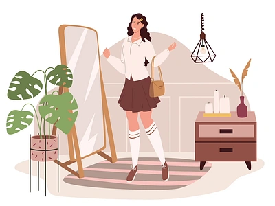 Dressing Up 2D Animation 2d animation character design clothes dressing up fashion flat girl home decor illustration interior mirror morning routine motion outfit outfit selection plants self care trendy fashion woman