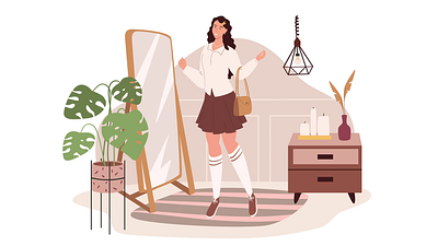 Dressing Up 2D Animation 2d animation character design clothes dressing up fashion flat girl home decor illustration interior mirror morning routine motion outfit outfit selection plants self care trendy fashion woman