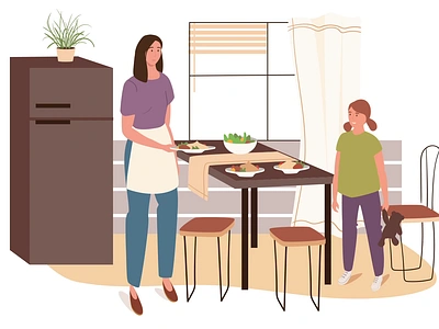 Family Eating 2D Animation 2d animation child cooking dining table dinner eating family flat girl home home decor illustration kid kitchen meal motion mum woman