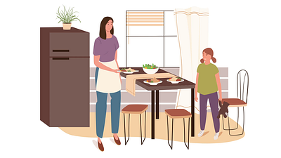 Family Eating 2D Animation 2d animation child cooking dining table dinner eating family flat girl home home decor illustration kid kitchen meal motion mum woman