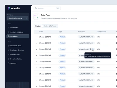 Data Feed - Acodei (SaaS) dashboard data feed hover hover effect light mode product design saas sidebar table tooltip ui ui designer ux