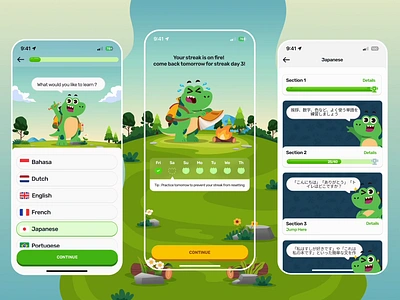 Educational App Part 2 | Inspired by Duolingo App character dinosaurs duolingo education educational app figma green illustration illustrator mascot ui ui design ux design