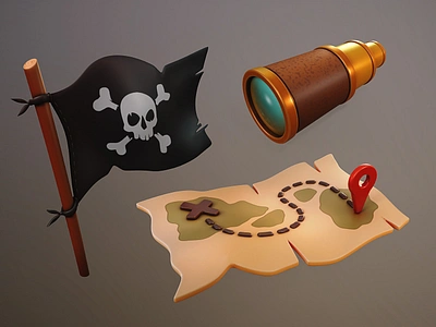 Pirate icons 3d adventure cartoon crossbones discovery exloration flag icon illustration map navigation skull spyglass stylized symbol treasure