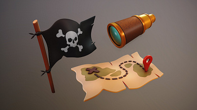 Pirate icons 3d adventure cartoon crossbones discovery exloration flag icon illustration map navigation skull spyglass stylized symbol treasure