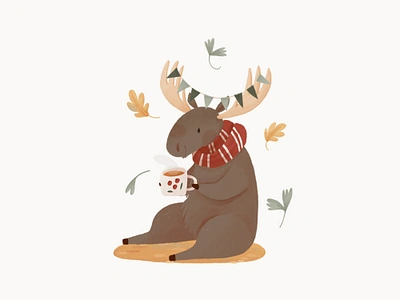 Festive moose animals autumn card cartoon coffee cozy creative market cute design elements fall illustration leaf moose poster