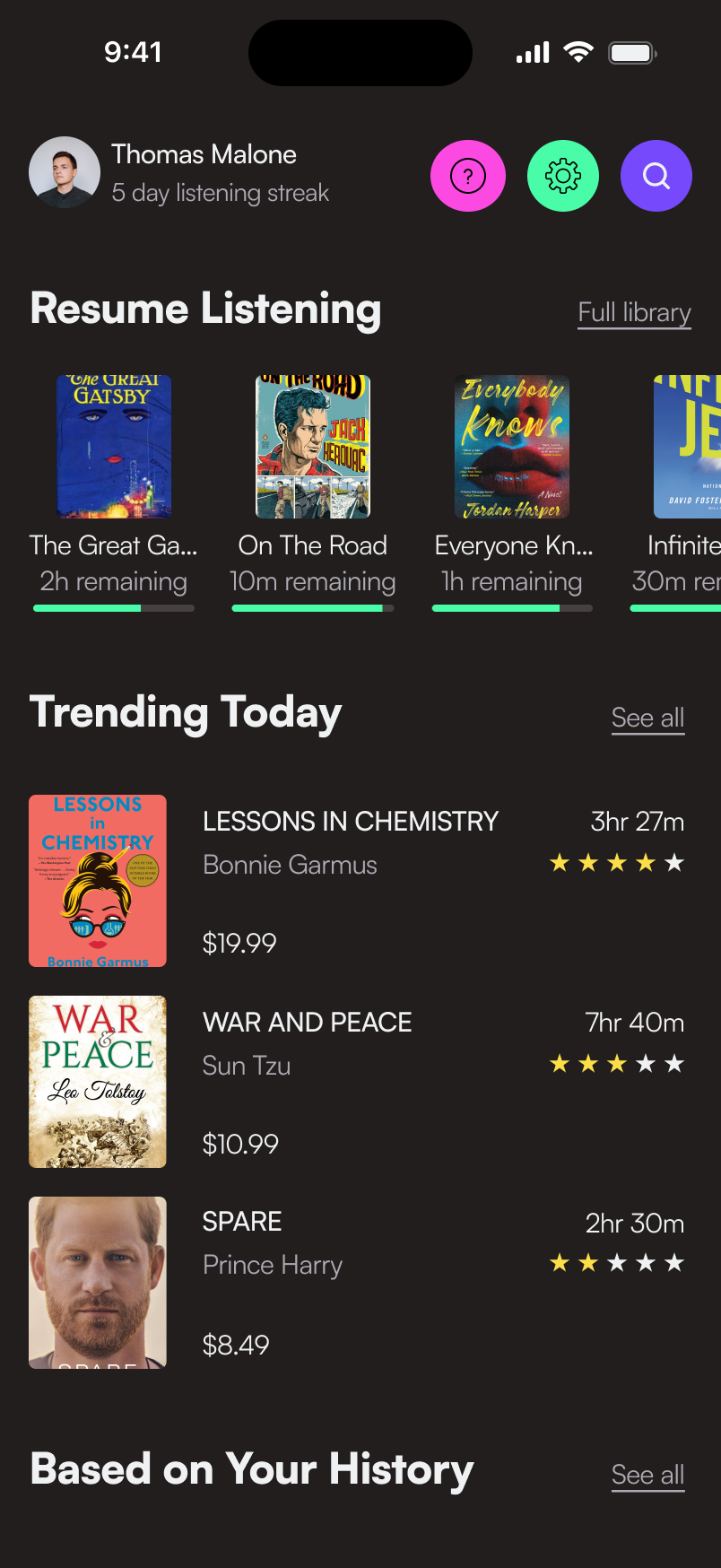 Audiobook Home Screen audiobook auto layout dark mode home page home screen iphone library mobile mobile design product design ui