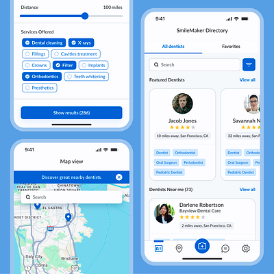 Smile Maker - UI/UX - Dentist Finder android app app design apple clean dailyui design designer dribbble interface ios light theme minimal mobile app mobile app design ui uidesign uiux ux ux ui design