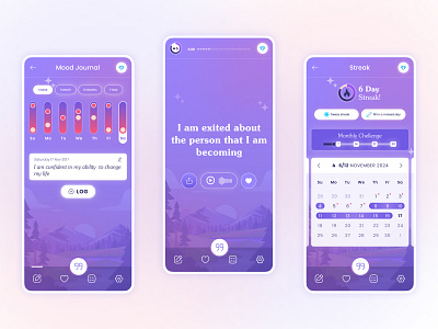 Relaxing affirmations app to appeal to women 🎨 affirmations android app app design calendar daily figma growth ios mobile mobile apps mood board mood journal purple typography ui uiux designer usability ux website design