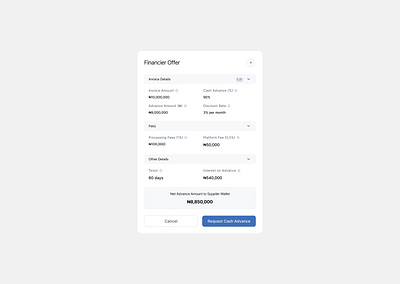 Financier Offer Modal design financier fintech invoice offer ui ui design ux ux design
