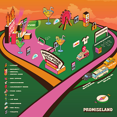 Sitemap Promiseland 2023 (Music Festival) cars drinks food graphic design icon illustration info graphic location map music music festival pictogram sitemap social media stage visual identity