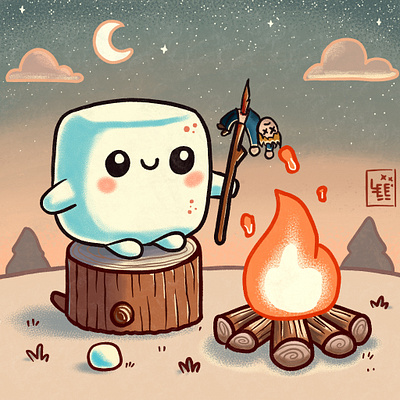 Bonfire 2d character character design funny graphic design illustration light study marshmallow procreate texture