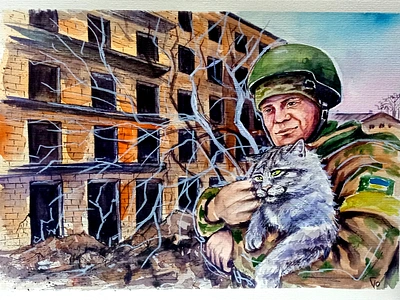 Original Watercolor Painting, War in Ukraine, Cat and Soldier, art cat design hand painted handmade paint painting ukraine war