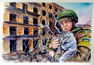 Original Watercolor Painting, War in Ukraine, Cat and Soldier, art cat design hand painted handmade paint painting ukraine war