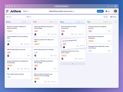 Kanban - Main View action items clean design collaboration tool dashboard design interactive design kanban board light mode ui modern ui product productivity app project management saas task management task tracker to do app to do board ui design ux design web app ui workflow design