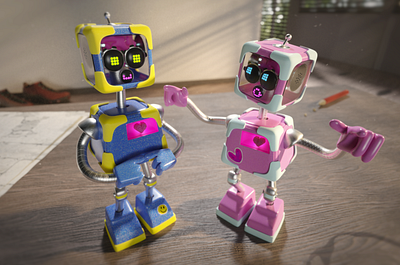 Dancing robot buddies 3d 3d art 3d model blender branding buddies character design cute cycles design friendship graphic design illustration photorealistic photorealistic render product design product render render robot robot buddies