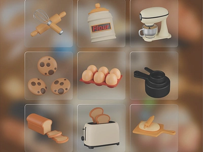 Baking 3D Icon Pack 3d 3d icons bakery baking baking 3d icon baking tools blender cookies dough dough mixer flour graphic design icons illustration kitchenware pans sliced bread toast bread ui whisk and rolling pin