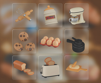 Baking 3D Icon Pack 3d 3d icons bakery baking baking 3d icon baking tools blender cookies dough dough mixer flour graphic design icons illustration kitchenware pans sliced bread toast bread ui whisk and rolling pin