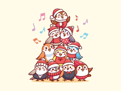 Singing Birds 🐦 animal cartoon character christmas cute doodle expression flying happy icon illustration jaysx1 mascot music pose sing singing vector