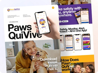 Paws QuiVive - A Pets Alert System App Landing Page app landing page colorful design graphic design landing page minimal design mobile landing page pet app pet landing page pets ui design web design website design