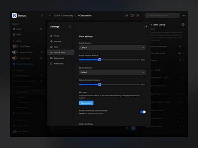 Voice and Video Settings app cansaas clean dark dark mode dashboard dashboard settings design finance fintech fintech app interface saas setting setting page settings ui ux video voice