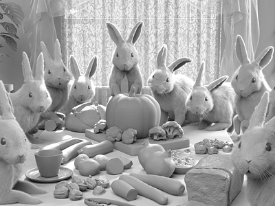 Bunny Thanksgiving Breakdown 3d after effects animation bunny c4d cgi cinema 4d dinner holidays minimal painting rockwell thanksgiving vegitables vfx