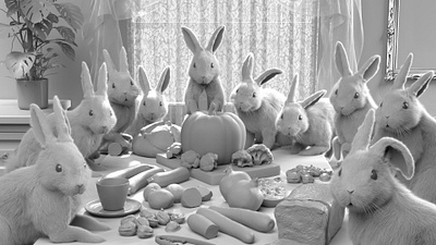 Bunny Thanksgiving Breakdown 3d after effects animation bunny c4d cgi cinema 4d dinner holidays minimal painting rockwell thanksgiving vegitables vfx