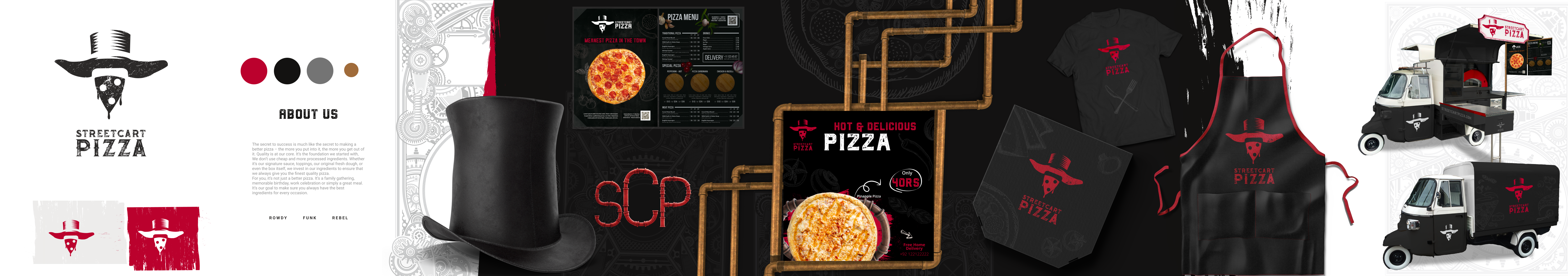Street Cart Pizza Branding 3d 3d modeling 3d vr ar branding design food and beverage graphic design illustration logo logo design logo for resturant logo on cowboy theme minimal pizza pizza boxes resturant design street cart vector vr
