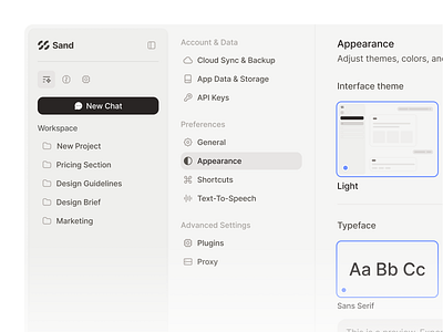 LLM - Appearance settings ai ai chat ai responses appearance appearance settings chat interface conversation dashboard generative ai interaction large language model llm llm saas morva morva labs product design saas ai saas dashboard settings ui