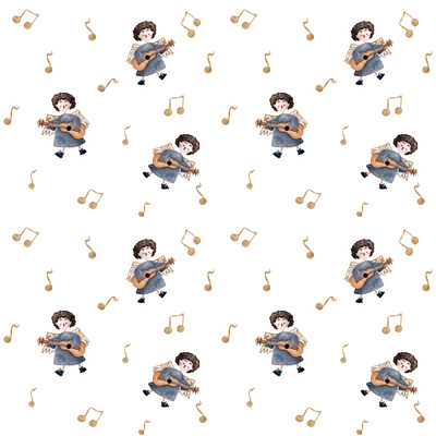 Watercolor seamless pattern of angels with guitar and notes angel christening christmas guitar magic music notes seamless pattern watercolor white background