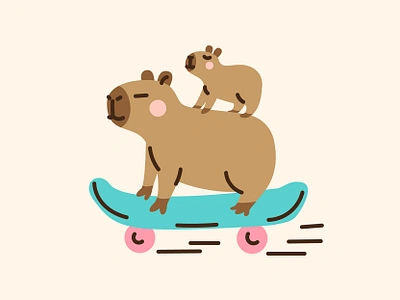 Capybaras on a skateboard animal capybara cartoon cute design flat illustration skateboard