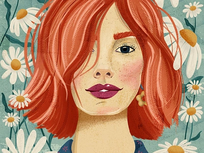 Portrait Party Daisy Lady book illustration daisies design drawing challenge editorial design female character design female illustrator greeting card hand drawn magazine cover portrait party procreate short red hair textured digital illustration wall art print