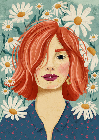 Portrait Party Daisy Lady book illustration daisies design drawing challenge editorial design female character design female illustrator greeting card hand drawn magazine cover portrait party procreate short red hair textured digital illustration wall art print