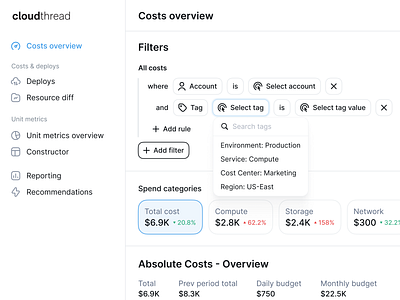 Cloudthread: costs overview filters button dashboard dropdown filter icons interface menu product search ui ux