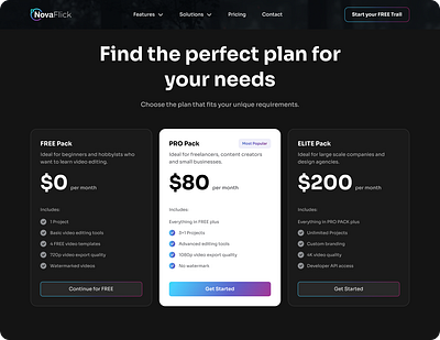 NovaFlick Pricing Page 3d animation branding graphic design logo motion graphics ui