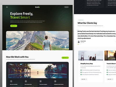 Travel Log Website - Travlo app branding cards community dashboard exploring friends hiking landing page mobile sections travel ui uiux ux web website